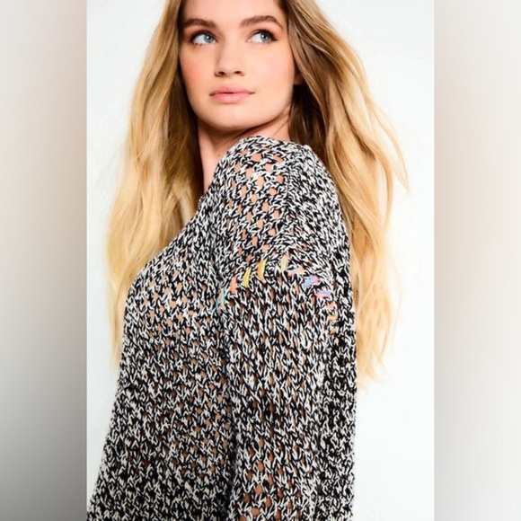 Open Knit Sweater Black White Pullover Long Sleeve Lightweight  Boho - Picture 1 of 7